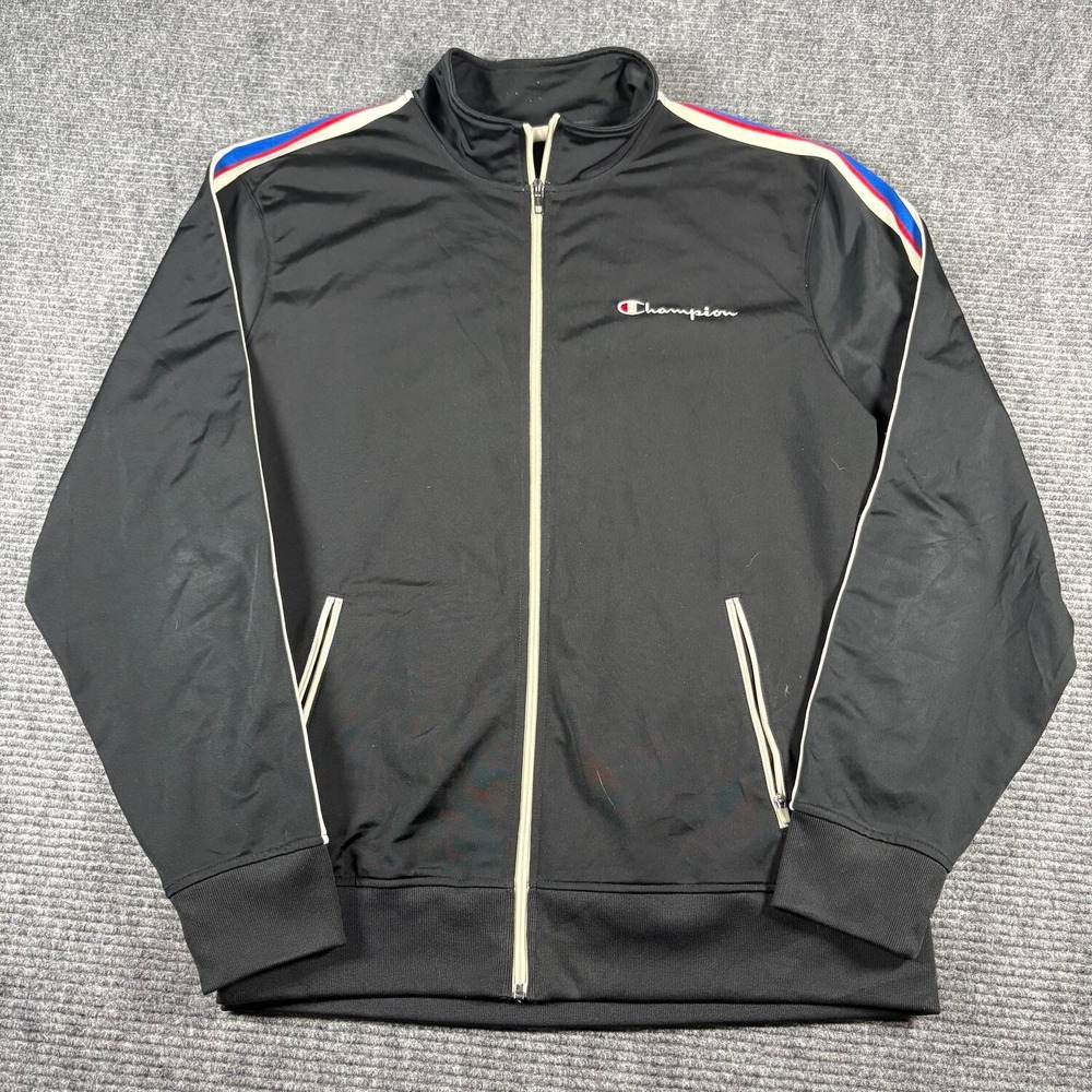 Champion Track Jacket Mens XL Black Excellent Side Stripe Full Zip Mock Neck